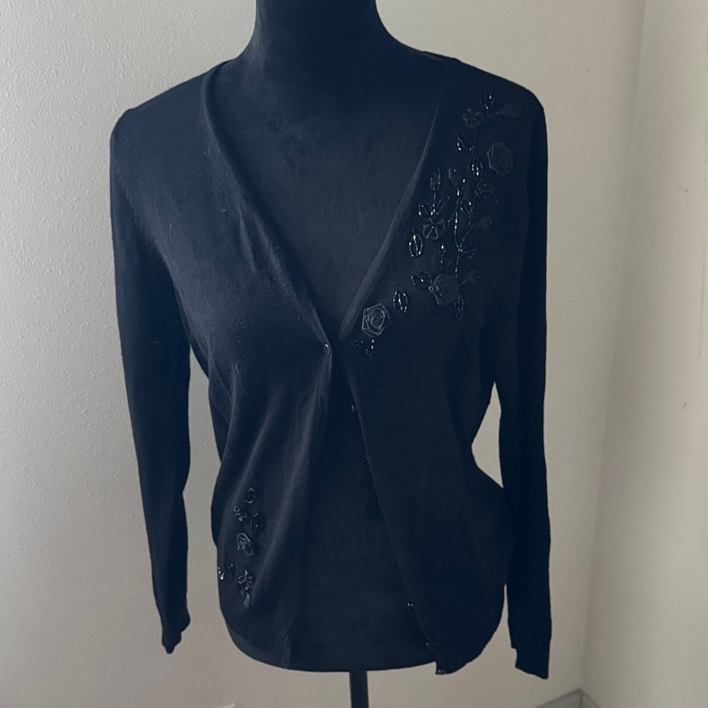 West End Petite Black Cardigan with Floral Embroidery beading Sz PM